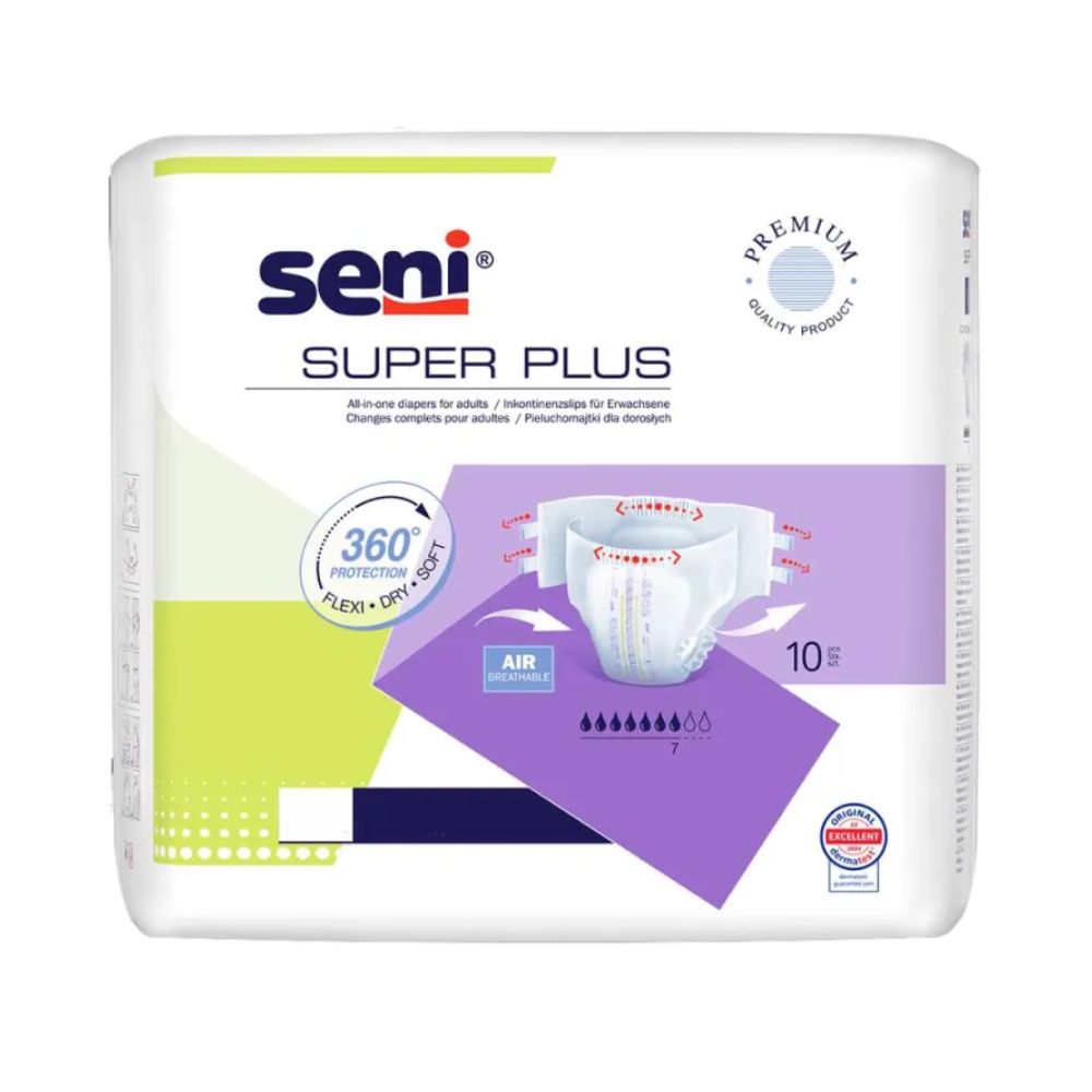 Eine Packung Seni Super Plus Atmungsaktive Inkontinenzhosen von TZMO Deutschland GmbH bietet 360-Grad-Luftkomfort, Saugfähigkeit der Stufe 7 mit Superabsorber-Technologie und enthält 10 Stück in einer weißen Verpackung mit grünen und violetten Akzenten.