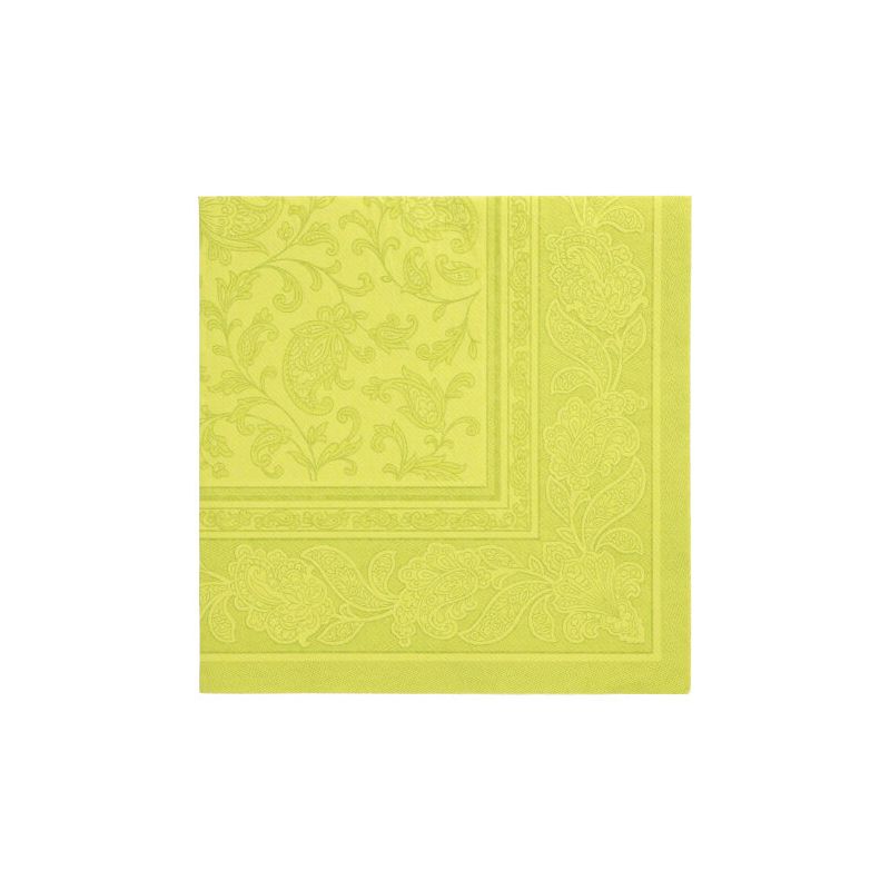 Eine quadratische, limettengrüne Stoffserviette aus der „ROYAL Collection“ der PAPSTAR GmbH zeigt ein kompliziertes Muster namens „Ornaments“ und zeigt kunstvolle Blumen- und Rankenmotive, die symmetrisch auf dem hochwertigen 40 cm x 40 cm großen Stoff angeordnet sind.