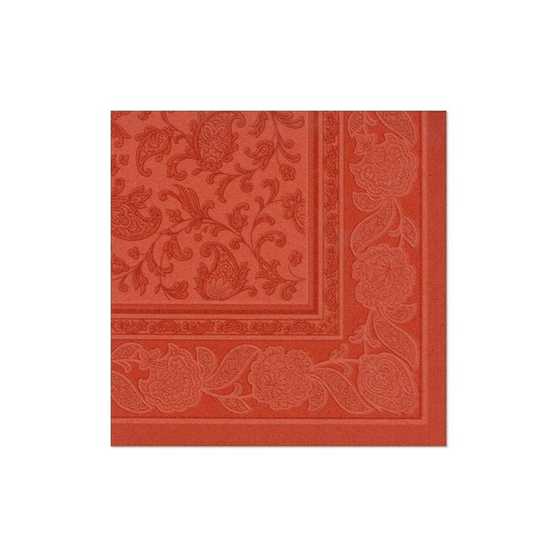 Eine edle rote Serviette aus der „ROYAL Collection“ der PAPSTAR GmbH mit einem aufwendigen Blumen- und Paisleymuster am Rand verkörpert eine Premium-Tissue-Qualität, die sich perfekt für jeden Anlass eignet.
