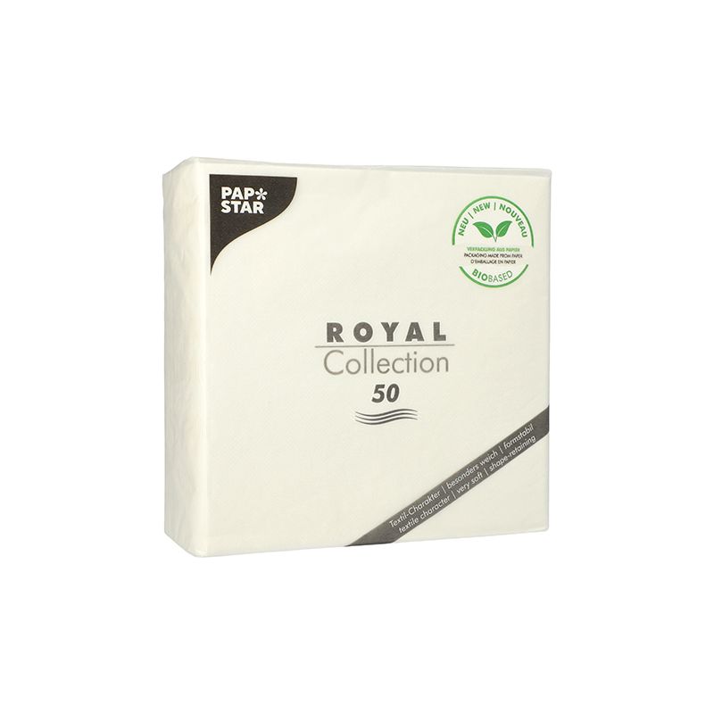 Eine Packung PAPSTAR Servietten der „ROYAL Collection“ mit Etikett, das 20 Stück angibt. Die Verpackung ist überwiegend weiß mit grünem Umweltzertifikat und schwarzen Textdetails, perfekt für eine umweltbewusste Tischdekoration mit einer stoffähnlichen Premium-Tissue-Qualität.
