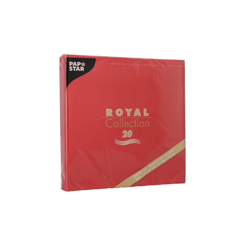 Ein rotes Paket mit der Aufschrift „Royal Collection“ der PAPSTAR GmbH enthält 20 in Plastik eingewickelte Servietten der „ROYAL Collection“. Das Design enthält goldenen Text und eine Wellengrafik und eignet sich mit seinem stoffähnlichen Premium-Tissue perfekt für umweltbewusste Tischdekorationen.