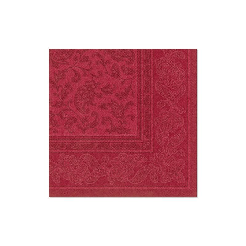 Eine quadratische rote Papierserviette mit einer kunstvollen Blumenprägung entlang der Ränder und Ecken, ähnlich den PAPSTAR Servietten der „ROYAL Collection“. Das Design umfasst aufwendige Paisley- und Rankenmuster, gefertigt aus stoffähnlichem Premium-Tissue für eine elegante Note.