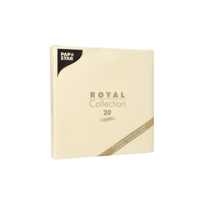 Das Bild zeigt eine Packung PAPSTAR Servietten der „ROYAL Collection“, hergestellt aus stoffähnlichem Premium-Tissue. Die cremefarbene Verpackung, mit goldenem Text verziert, enthält 20 Servietten und weist an der Unterseite ein dezentes Wellendesign auf, ideal für eine umweltbewusst gedeckte Tafel.