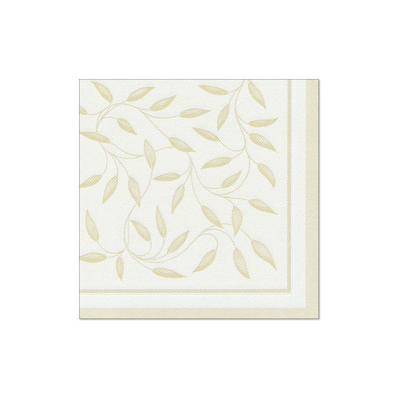 Eine quadratische Serviette aus der „ROYAL Collection“ der PAPSTAR GmbH zeigt ein hellbeiges Blättermuster auf weißem Grund und ist aus hochwertigem Tissue in stoffähnlicher Qualität gefertigt. Ihr elegantes Design wird durch zwei dünne beige Linien entlang der Kante ergänzt und eignet sich daher perfekt für umweltbewusst gedeckte Tische. Jede Packung enthält 20 Stück dieser 40 cm x 40 cm großen Servietten.