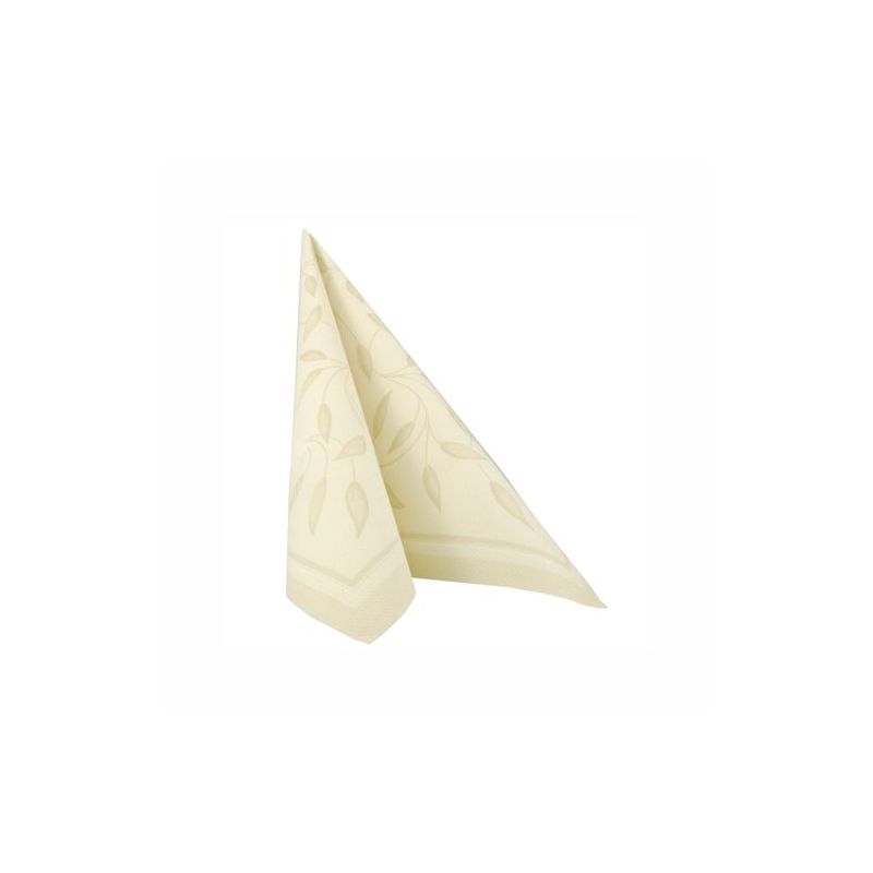 Eine elegant gefaltete elfenbeinfarbene Serviette mit einem zarten Blumenmuster steht aufrecht vor einem schlichten weißen Hintergrund und fängt die raffinierte Essenz der PAPSTAR-Servietten der „ROYAL Collection“ ein. Ihre hochwertige, stoffähnliche Tissue-Textur verleiht einen luxuriösen Touch und dient gleichzeitig als umweltbewusste Tischdekoration.