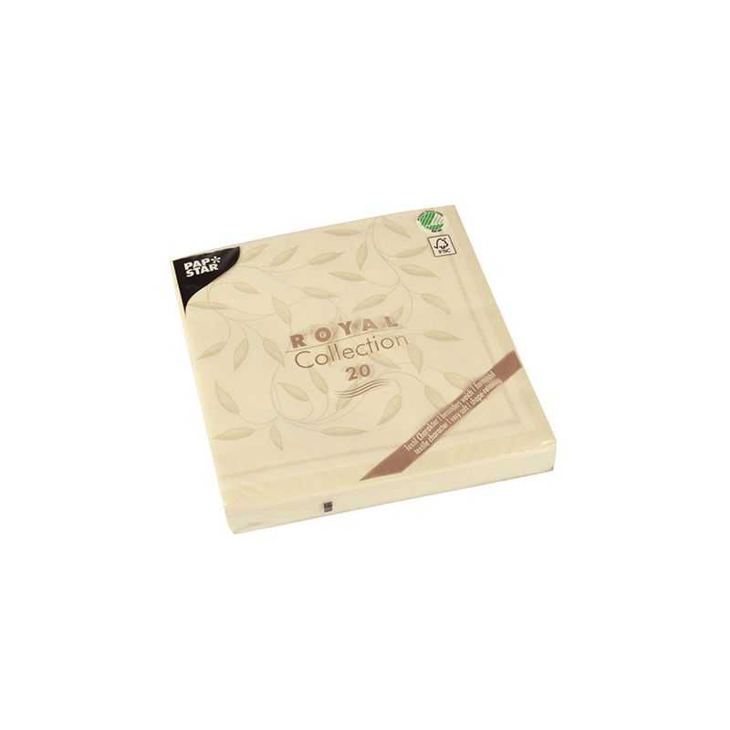Eine quadratische Packung Servietten 1/4-Falz „PAPSTAR ROYAL Collection“ im Format 40 cm x 40 cm, umhüllt von einem beigen Umschlag mit Blättermuster. Die Verpackung ist mit einem kleinen schwarzen Etikett mit der Aufschrift „Paper Star“ versehen und eignet sich mit ihrer stoffähnlichen Premium-Tissue-Textur ideal für eine umweltbewusste Tischdekoration. Die Packung enthält 20 Stück und wird von der PAPSTAR GmbH produziert.