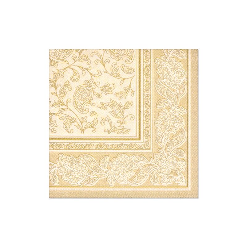 Die PAPSTAR „ROYAL Collection“ Servietten 1/4-Falz, 40 cm x 40 cm groß und in Packungen zu 20 Stück von der PAPSTAR GmbH erhältlich, zeigen ein aufwendiges goldenes Blumen- und Paisleymuster auf cremefarbenem Hintergrund. Diese stoffähnlichen Premium-Tissue-Servietten sind mit einer detaillierten Bordüre gestaltet, die symmetrische Elemente und kleinere zentrale Motive zeigt, was sie ideal für umweltbewusste Tischdekoration macht.
