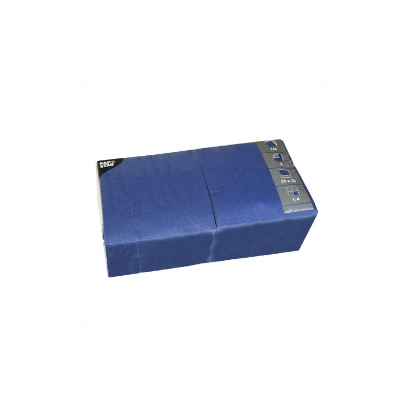 Abgebildet ist ein blauer, rechteckiger PAPSTAR GmbH 250 Servietten, 3lagig 1/4-Falz Tissue-Spender mit silbernem Etikett auf weißem Hintergrund, ideal für Gastronomie Servietten.