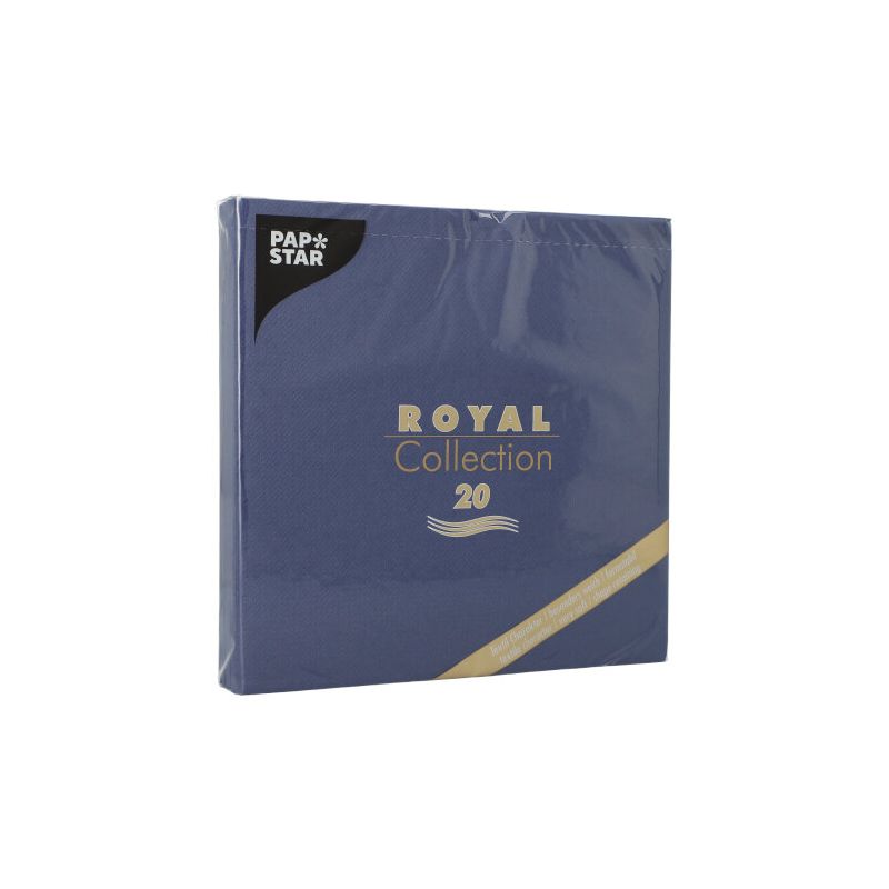 Eine blaue Packung PAPSTAR-Servietten der „ROYAL Collection“ im Format 40 cm x 40 cm mit 1/4-Falz und goldenem Text. Die Packung enthält 20 Servietten und ist in der oberen linken Ecke mit dem PAPSTAR GmbH-Logo versehen, was sie perfekt für eine umweltbewusste Tischdekoration macht.
