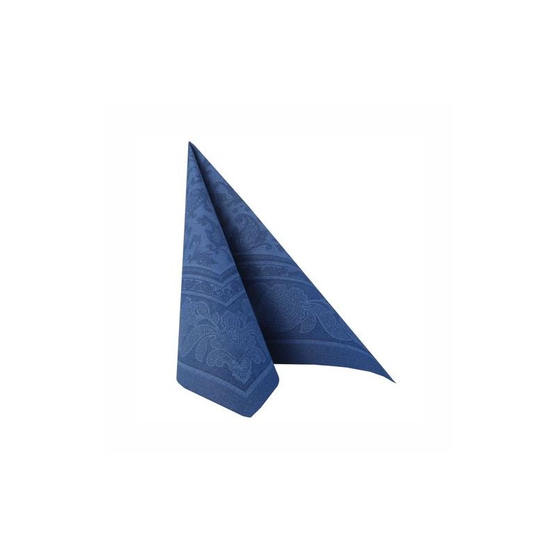 Ein gefaltetes blaues Einstecktuch, ähnlich dem stoffähnlichen Premium-Tissue der PAPSTAR Servietten „ROYAL Collection“, zeigt auf seiner Oberfläche ein dezentes florales Muster.
