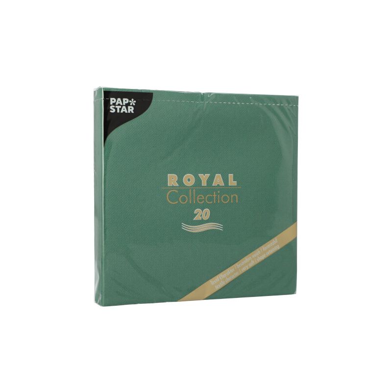 Eine grüne Packung „PAPSTAR ‚ROYAL Collection‘ Servietten 1/4-Falz“ mit den Maßen 40 cm x 40 cm und 20 Stück ist für eine umweltbewusste Tischdekoration konzipiert. Die Verpackung trägt in der oberen linken Ecke den Markennamen „PAPSTAR GmbH“ und bietet ein stoffähnliches Premium-Tissue-Erlebnis, das sich perfekt für jeden Anlass eignet.