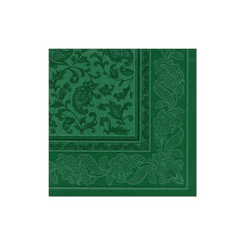 Eine Serviette der „ROYAL Collection“ der PAPSTAR GmbH, 40 cm x 40 cm groß, in einem Grünton mit aufwendigen Blumen- und Paisleymustern, die an stoffähnliches Premium-Tissue erinnern. Ideal für umweltbewusste Tischdekoration, umfasst dieses Design einen Rand, der mit detaillierten Wirbel- und Blumenmotiven verziert ist. Jede Packung enthält 20 Stück.