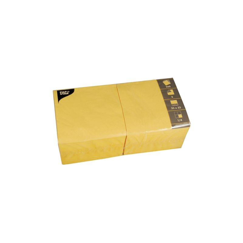 Ein rechteckiger Stapel PAPSTAR 250 Servietten, 3-lagig 1/4-Falz der PAPSTAR GmbH in gelb, verpackt in Klarsichtfolie mit einem schwarz-goldenen Etikett oben rechts, das Größe und Menge angibt.