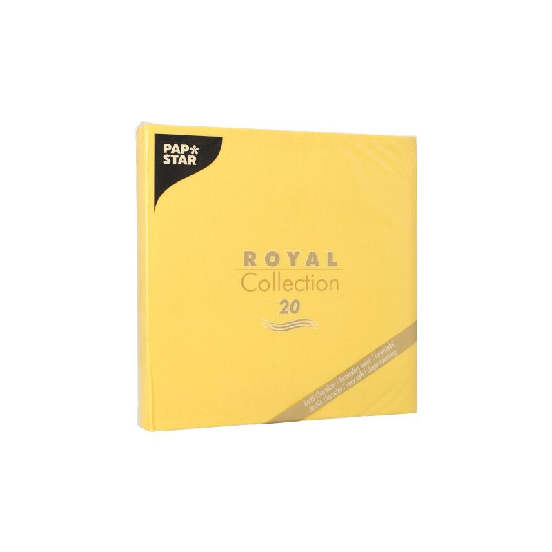 Die PAPSTAR „ROYAL Collection“ Servietten 1/4-Falz 40 cm x 40 cm Verpackung wird gezeigt und betont umweltfreundliche Tischdekoration. Die Verpackung ist gelb mit grauem Text und zeigt, dass sie 20 Servietten enthält. Das stoffähnliche Premium-Tissue-Branding der PAPSTAR GmbH ist in der oberen linken Ecke sichtbar.