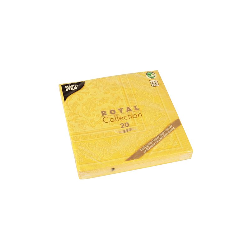 Die „PAPSTAR ‚ROYAL Collection‘ Servietten“ der PAPSTAR GmbH sind in einer gelben, quadratischen Packung mit 20 Servietten erhältlich und eignen sich ideal für eine umweltfreundliche Tischdekoration. Die Verpackung zeigt ein dekoratives Muster mit einem kleinen Logo in der Ecke und unterstreicht so die stoffähnliche Premium-Tissue-Qualität.