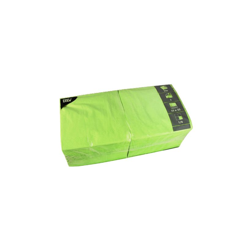 Eine versiegelte Packung PAPSTAR 250 Servietten, 3-lagig 1/4-Falz der PAPSTAR GmbH, mit einem Etikett in der rechten oberen Ecke, wird vor einem weißen Hintergrund dargestellt.