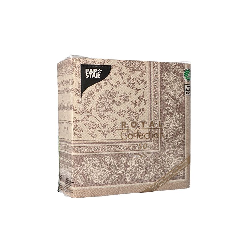 Eine Packung PAPSTAR Servietten „ROYAL Collection“ der PAPSTAR GmbH mit detailreichem Blumen- und Paisley-Design in Beige, gefertigt aus hochwertigem Tissue-Material. Die Verpackung gibt an, dass sie 50 Servietten enthält.