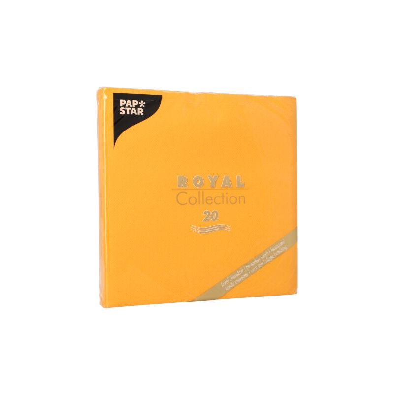 Ein Paket PAPSTAR Servietten „ROYAL Collection“ im Format 40 cm x 40 cm mit 1/4 Falz enthält 20 Servietten mit dekorativem Wellendesign und goldenem Streifen. Diese orangefarbenen Servietten sind aus stoffähnlichem Premium-Tissue gefertigt und bieten eine elegante und umweltfreundliche Tischdekorationsmöglichkeit.