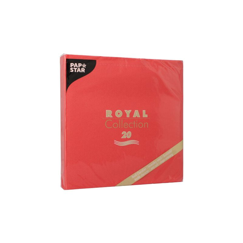 Eine Packung Servietten der Marke PAPSTAR GmbH mit der Aufschrift „ROYAL Collection Servietten 1/4-Falz 40 cm x 40 cm | Folie“ mit 20 Stück. Die rote Verpackung mit gold-weißem Text hebt ein stoffähnliches Premium-Tissue hervor, das für ein luxuriöses Gefühl sorgt. Ideal für eine umweltbewusste Tischdekoration.
