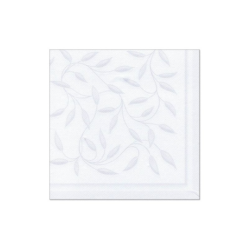 Eine weiße Papierserviette mit geprägtem Blattrankenmuster, perfekt für umweltbewusste Tischdekorationen. Als Teil der PAPSTAR Servietten "ROYAL Collection" imitiert diese Serviette stoffähnliche Premium-Tissue-Qualität und verleiht jedem Ambiente einen Hauch von Eleganz.