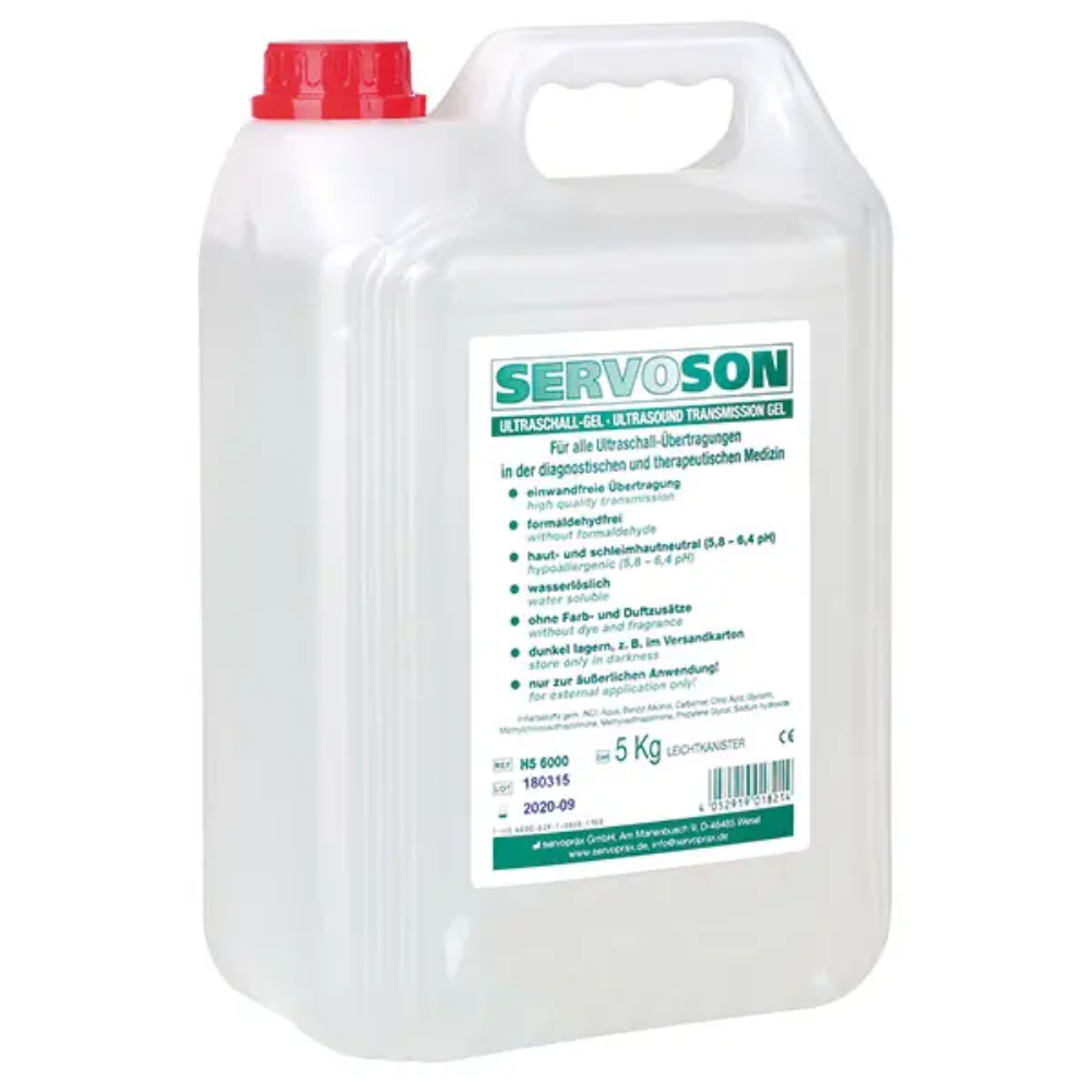 Ein transparenter 5 kg Servoson Cubitainer mit rotem Schraubverschluss und der Aufschrift "Servoson Ultraschallgel" in grüner und weißer Schrift hebt die hautfreundliche Rezeptur hervor und ist für die medizinische Anwendung bestimmt.