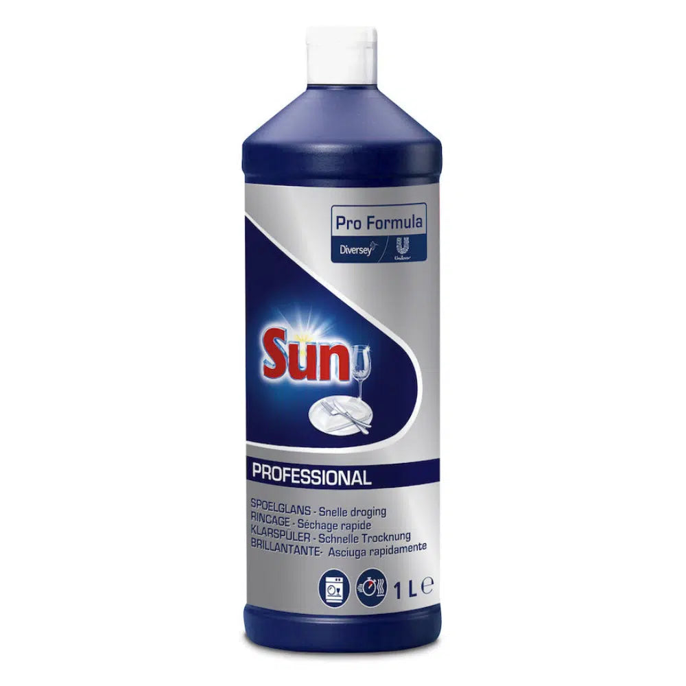 Eine 1-Liter-Flasche SUN Professional Klarspüler von Diversey Deutschland GmbH & Co. OHG ist ideal für Ihre Spülmaschine. Das blau-weiße Etikett zeigt ein Logo mit einem funkelnden Glas und betont die schnell trocknenden Klarspülereigenschaften für streifenfreies Geschirr, die speziell für den professionellen Einsatz entwickelt wurden.