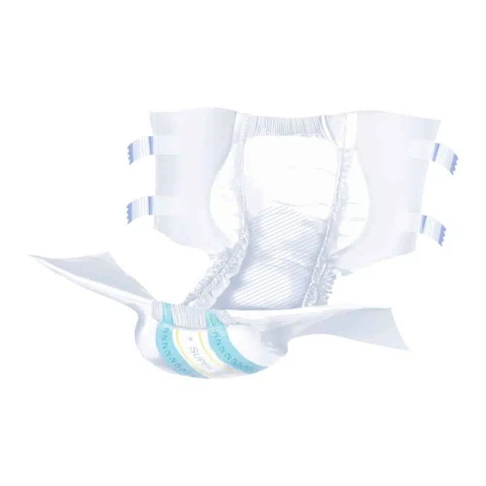 Die Super Seni Inkontinenzhosen der TZMO Deutschland GmbH, erhältlich in den Größen XS-XL, verfügen über seitliche Laschen, elastische Beinabschlüsse und eine saugfähige Polsterung für zuverlässigen Auslaufschutz. Abbildung geöffnet und leer, um Innenfutter und Verschlüsse zu zeigen.