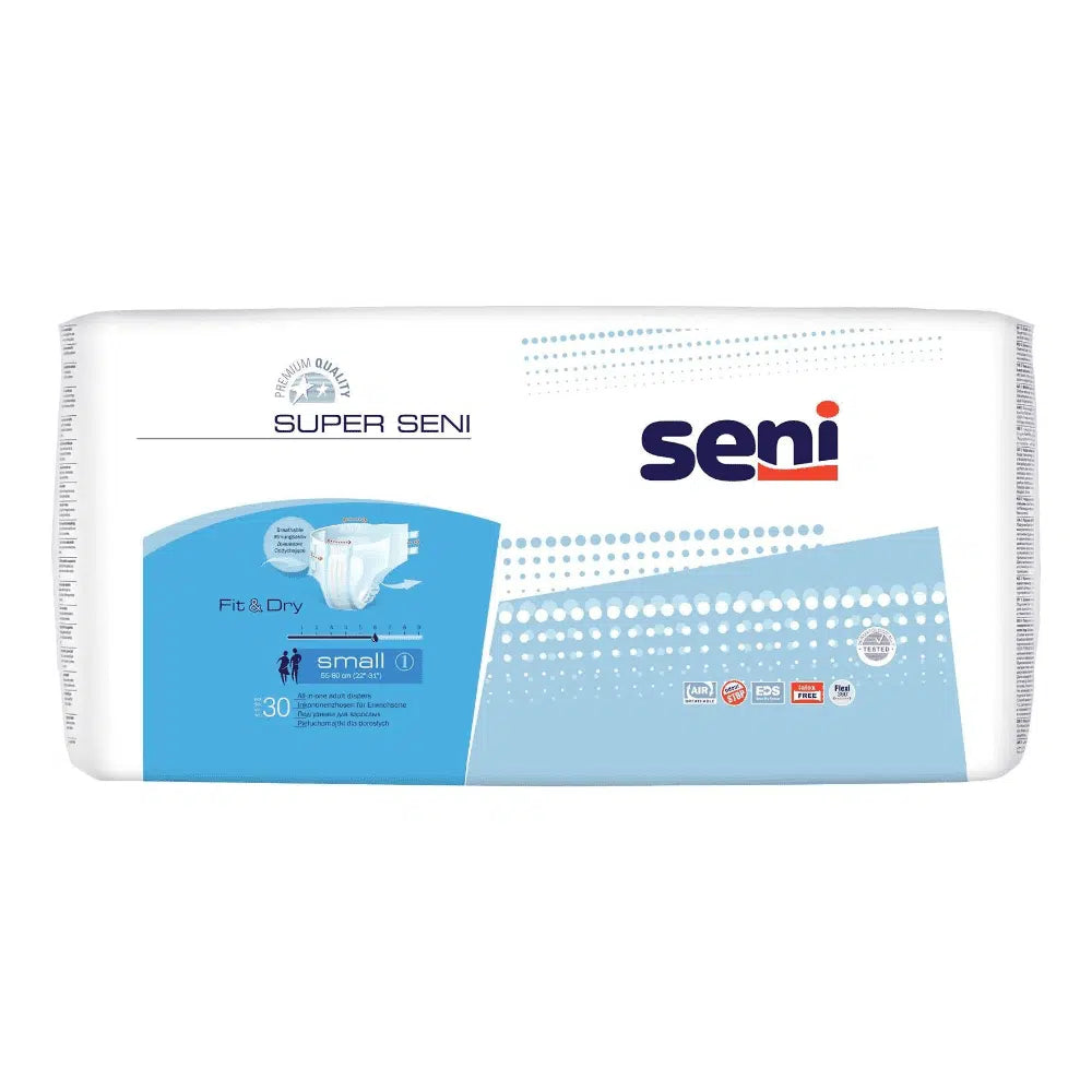 Eine rechteckige Packung Super Seni Inkontinenzhosen (Größe XS-XL) von TZMO Deutschland GmbH, überwiegend weiß mit blauen Akzenten, zeichnet sich durch zuverlässigen Auslaufschutz bei Blasenschwäche, Hauptmerkmale, Mengenangaben und anschauliche Grafiken aus.