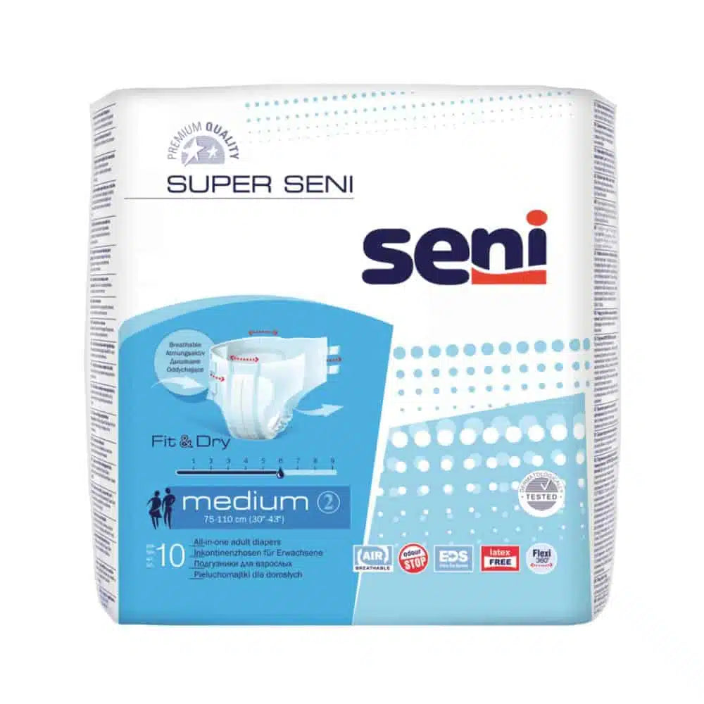 Eine Packung Super Seni Inkontinenzhosen (Größe XS-XL) von TZMO Deutschland GmbH, mit Produktbildern, Größenangaben (75–110 cm) und den Symbolen „Fit & Dry“, „Air“ und Auslaufschutz – ideal bei Blasenschwäche, im blau-weißen Design.