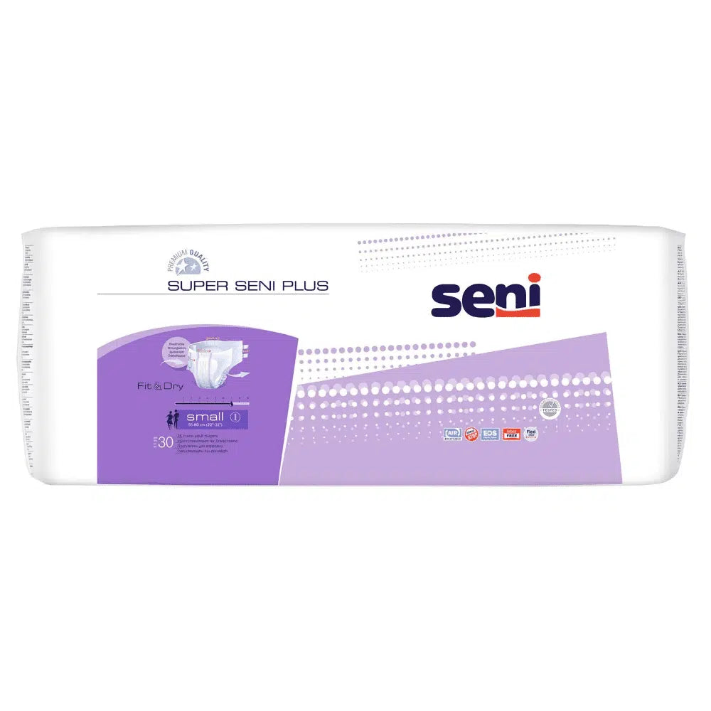 Eine Packung Super Seni Plus Inkontinenzhosen von TZMO Deutschland GmbH, Größe XS-XL, mit weiß-violettem Design, Produktinfos, Saugfähigkeitssymbolen, Zertifizierungen und „Ideal bei Blasenschwäche“ auf der Vorderseite.