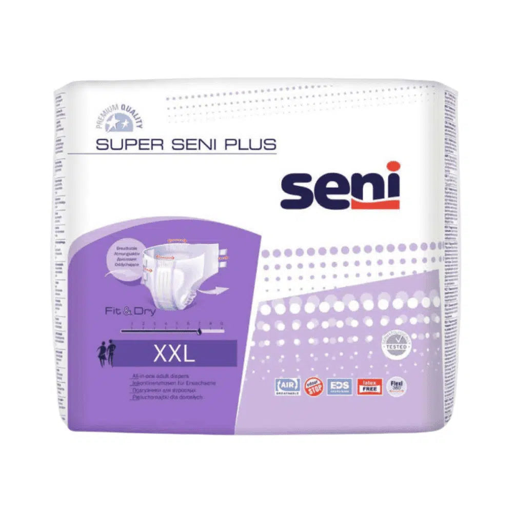 Eine Packung Super Seni Plus Inkontinenzhosen, Größe XS-XL von TZMO Deutschland GmbH, mit einem lila-weißen Design und Symbolen, die atmungsaktive Eigenschaften wie Atmungsaktivität und Geruchskontrolle anzeigen.
