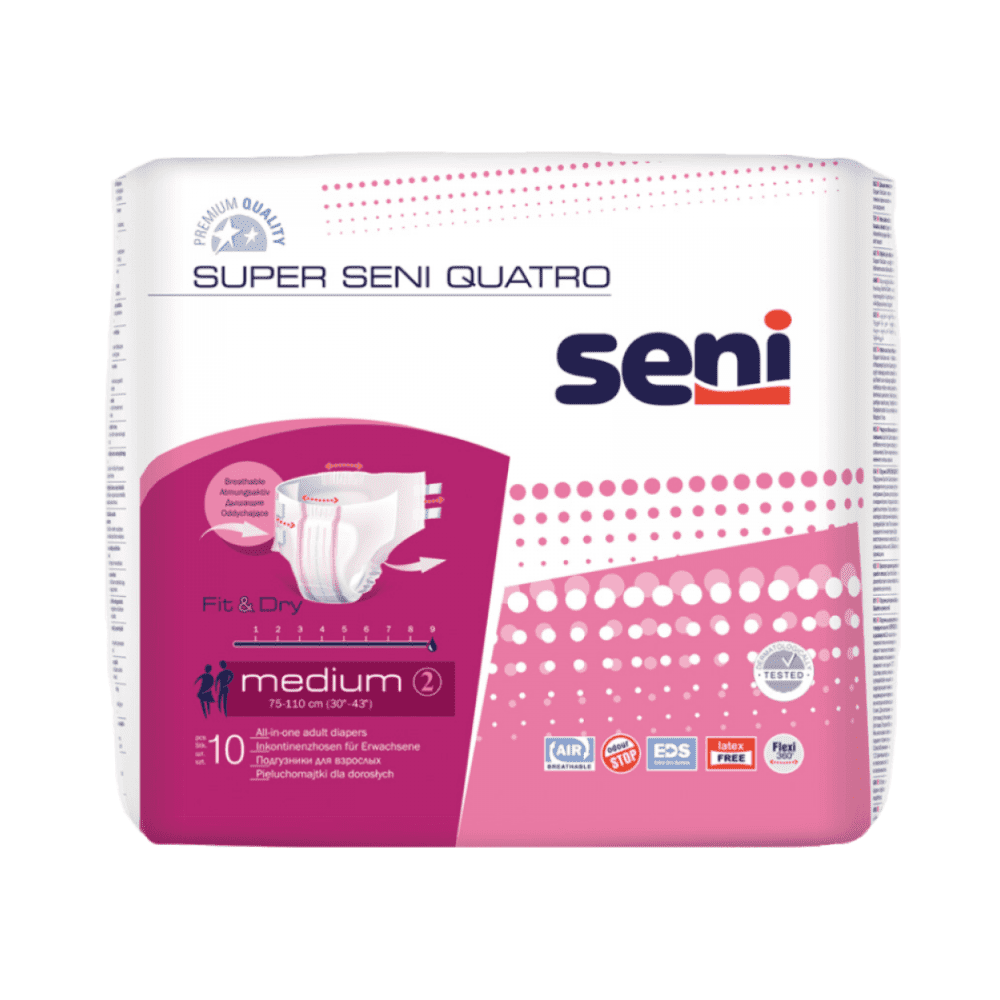 Eine Packung Super Seni Quatro Inkontinenzhosen (mittel) von TZMO Deutschland GmbH, mit rosa-weißem Design, Branding und Windelillustrationen auf der Vorderseite. Ideal bei Blasenschwäche mit zuverlässigem Auslaufschutz.