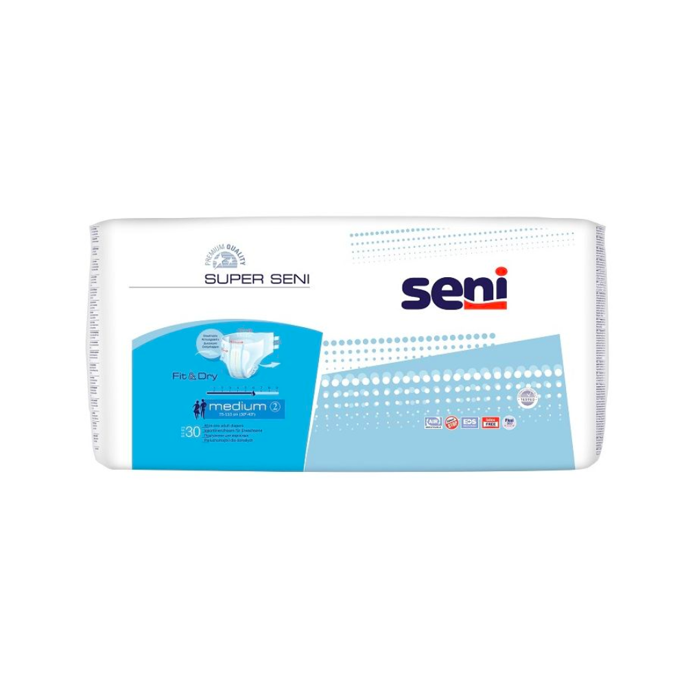 Eine Packung Super Seni Inkontinenzhosen, Größe XS-XL von TZMO Deutschland GmbH, kommt in einer überwiegend weißen Verpackung mit blauen Akzenten, mit Produktdetails und dem Seni-Logo – ideal für Blasenschwäche und sicheren Auslaufschutz.