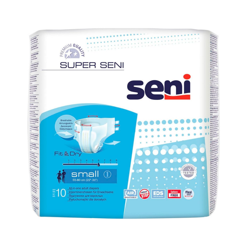Eine Packung Super Seni Inkontinenzhosen (Größe XS-XL) der TZMO Deutschland GmbH verfügt über ein blau-weißes Design, Produktsymbole für Atmungsaktivität und Auslaufschutz sowie eine Abbildung der Windel auf der Verpackung.