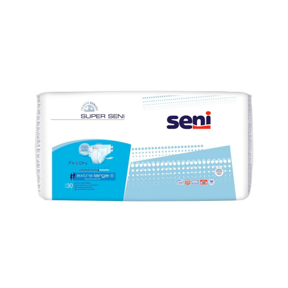 Eine 30er-Packung Super Seni Inkontinenzhosen der TZMO Deutschland GmbH, Größe XL, in Weiß mit blauen Akzenten, bietet zuverlässigen Auslaufschutz und ist für Blasenschwäche konzipiert.