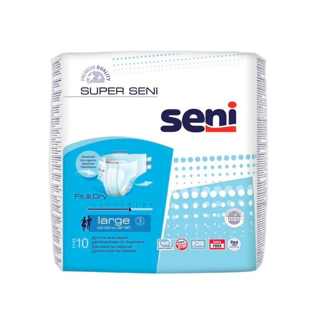 Eine Packung Super Seni Inkontinenzhosen (Größe XS-XL) von TZMO Deutschland GmbH verfügt über ein blau-weißes Design, Markenzeichen und Symbole für Auslaufschutz, Luftatmungsaktivität, Geruchskontrolle, latexfreies Material und Nässeindikator.
