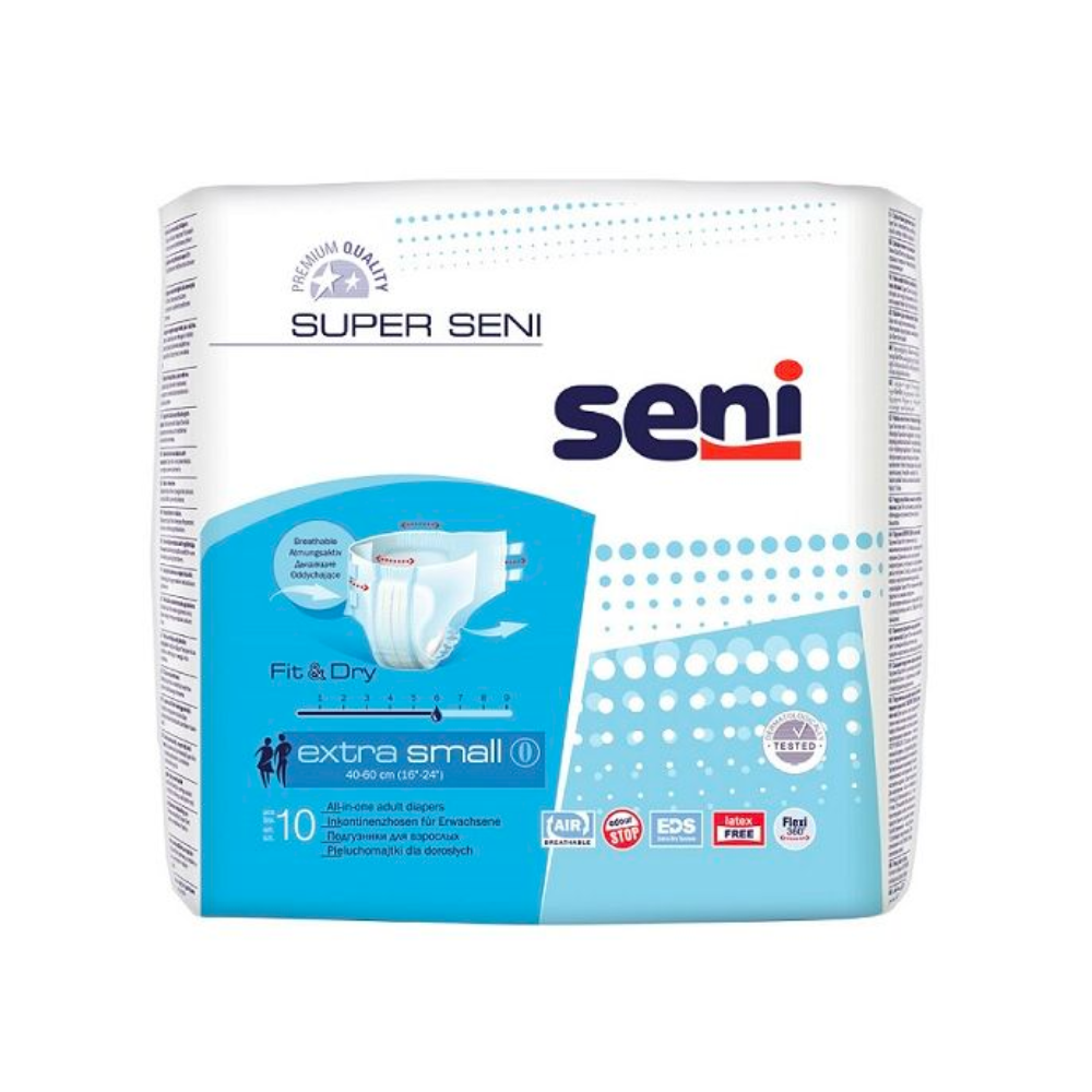 Ein 10er-Pack Super Seni Inkontinenzhosen der TZMO Deutschland GmbH, Größe XS-XL, mit Auslaufschutz-Symbolen und Produktdetails auf einer blau-weißen Packung, bietet zuverlässigen Schutz bei Blasenschwäche.
