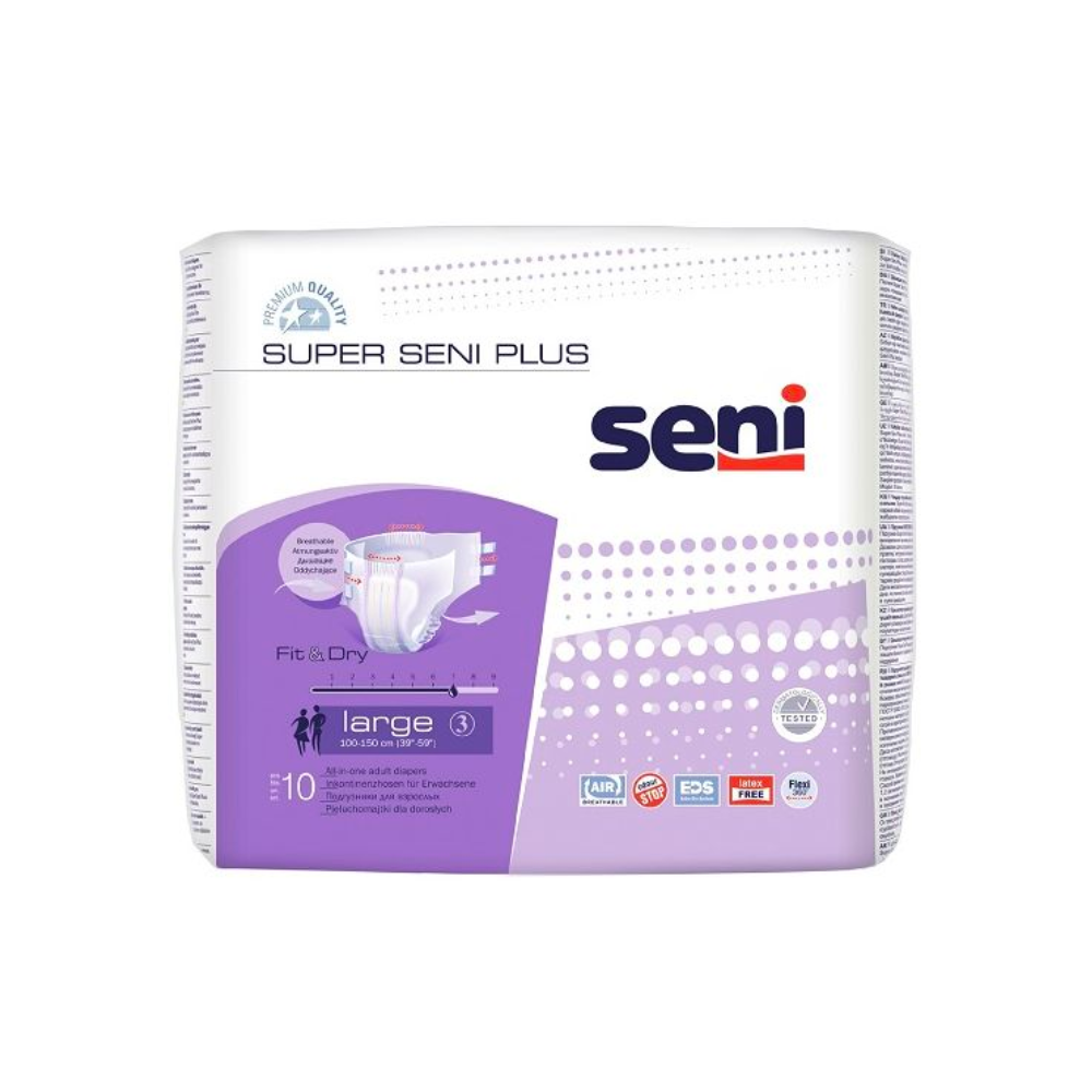 Eine Packung Super Seni Plus Inkontinenzhosen (Größe L) der TZMO Deutschland GmbH, überwiegend weiß mit violetten Akzenten, zeigt Produktdetails und ein Windelbild – ideal für Menschen mit Blasenschwäche.