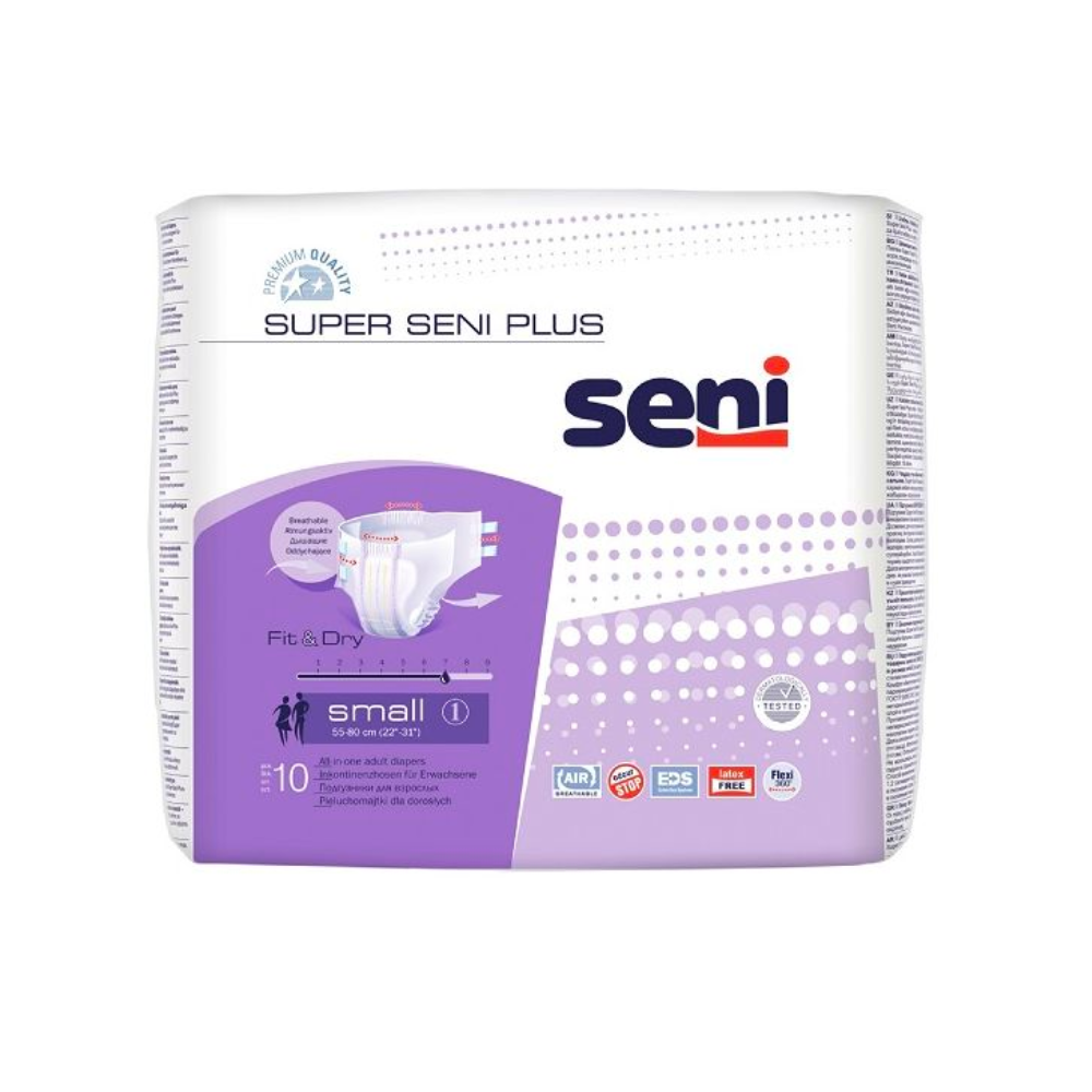 Eine Packung Super Seni Plus Inkontinenzhosen (Größe XS-XL) der TZMO Deutschland GmbH enthält 10 Stück. Die weiße und violette Verpackung zeigt Produktdetails und Windelbilder. Ideal bei Blasenschwäche.