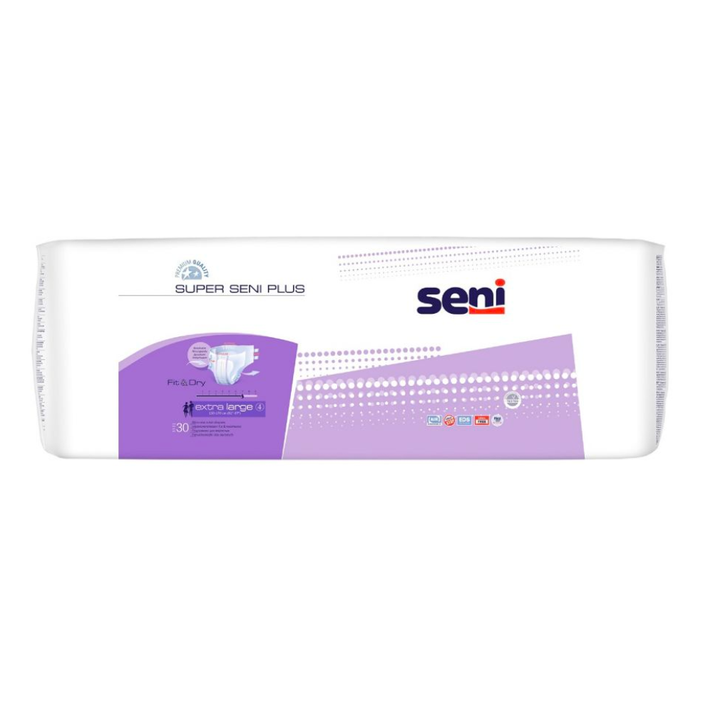 Eine rechteckige Packung Super Seni Plus Inkontinenzhosen (Größe XS-XL) von TZMO Deutschland GmbH im weiß-violetten Design mit Markennamen und Produktdetails, ideal für Menschen mit Blasenschwäche.