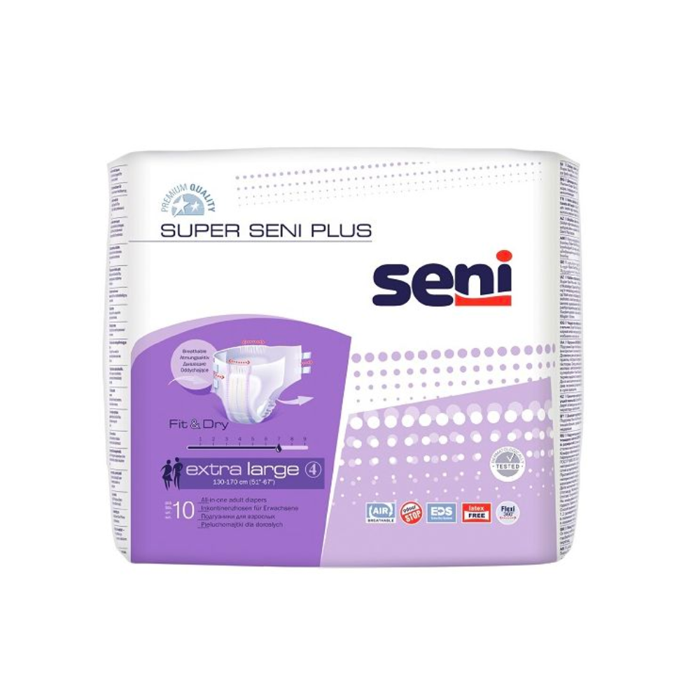 Eine Packung Super Seni Plus Inkontinenzhosen von TZMO Deutschland GmbH, Größe XL, mit Fit & Dry System und Zertifizierungssymbolen; 10 Stück auf weißem und violettem Hintergrund.
