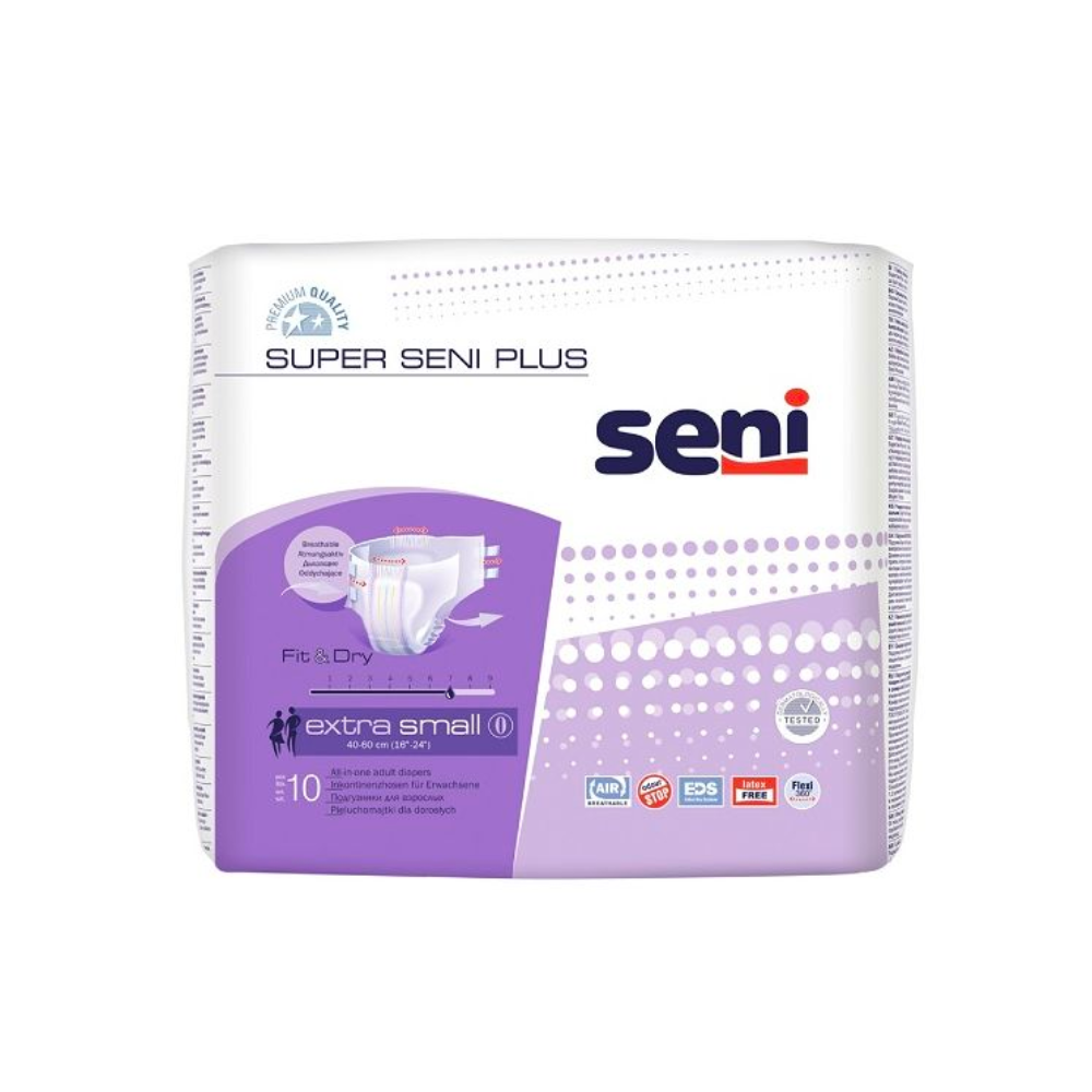 Eine Packung Super Seni Plus Inkontinenzhosen (Größe XS-XL) von TZMO Deutschland GmbH, mit lila-weißem Design, Produktmerkmalen und Windelabbildung auf der Vorderseite; enthält 10 Stück bei Blasenschwäche.