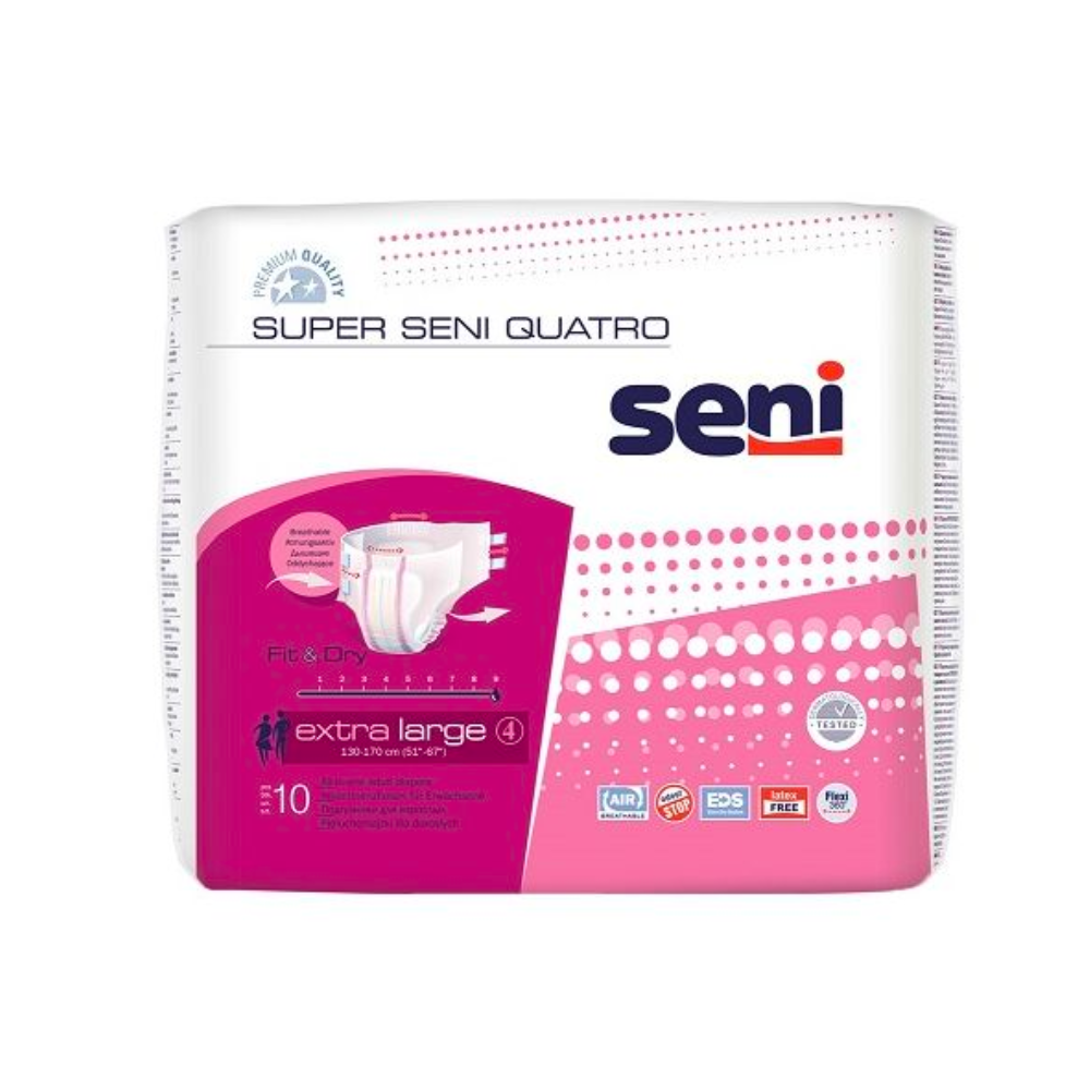 Eine Packung TZMO Deutschland GmbH Super Seni Quatro Inkontinenzhosen für Erwachsene mit Blasenschwäche, extra große Größe, mit Auslaufschutz und Verpackung in Pink, Weiß und Blau.