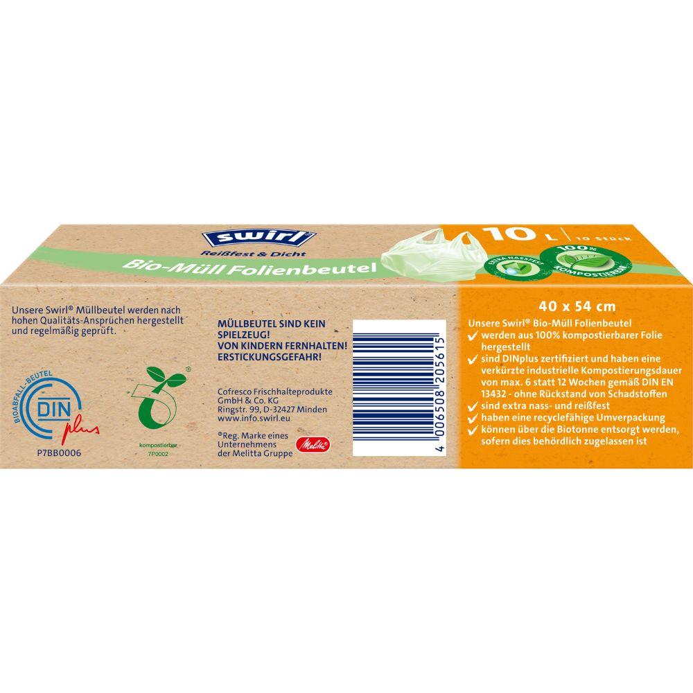 Box of Swirl Bio-Müll Folienbeutel mit Tragegriff 10l von Melitta Europa GmbH & Co. KG, 10 reißfeste & dichte Beutel auf Rolle (je 40 x 54cm), 100% kompostierbar, DINplus zertifiziert. Deutsche Produktinfos und Barcode auf der Verpackung.