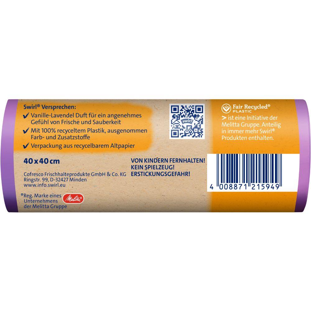 Das deutsche Etikett des Swirl Duft-Müllbeutels Vanille-Lavendel 10 l (14 Beutel, Melitta Europa GmbH & Co. KG) zeigt recycelten Kunststoff, Barcode, Recyclingsymbole, Sicherheitshinweise und hebt die angenehmen Vorteile des Vanille-Lavendel-Duftes hervor.