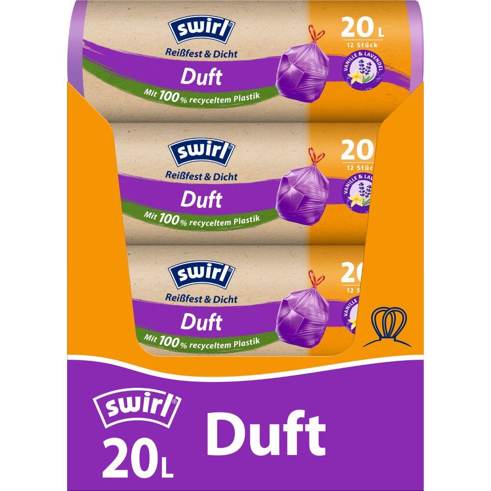 Eine Rolle Swirl Duft-Müllbeutel Vanille-Lavendel 20l Reißfest & Dicht von Melitta Europa GmbH & Co. KG enthält 12 stabile Duftbeutel aus recyceltem Kunststoff, mit Markenverpackung mit Füllmengenangabe.