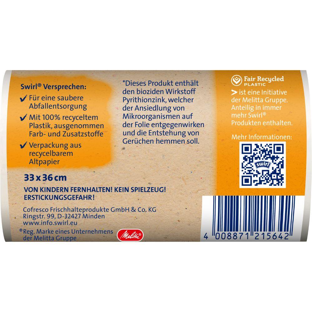Rückseite eines Swirl Tragegriff-Müllbeutels Bad- & Kosmetik 5 l Packung von Melitta Europa GmbH & Co. KG, mit Barcode, QR-Code, deutschen Produktinformationen, Recyclingdetails, Sicherheitswarnungen, antibakteriell Hinweis und 100 % recyceltem Plastiketikett.