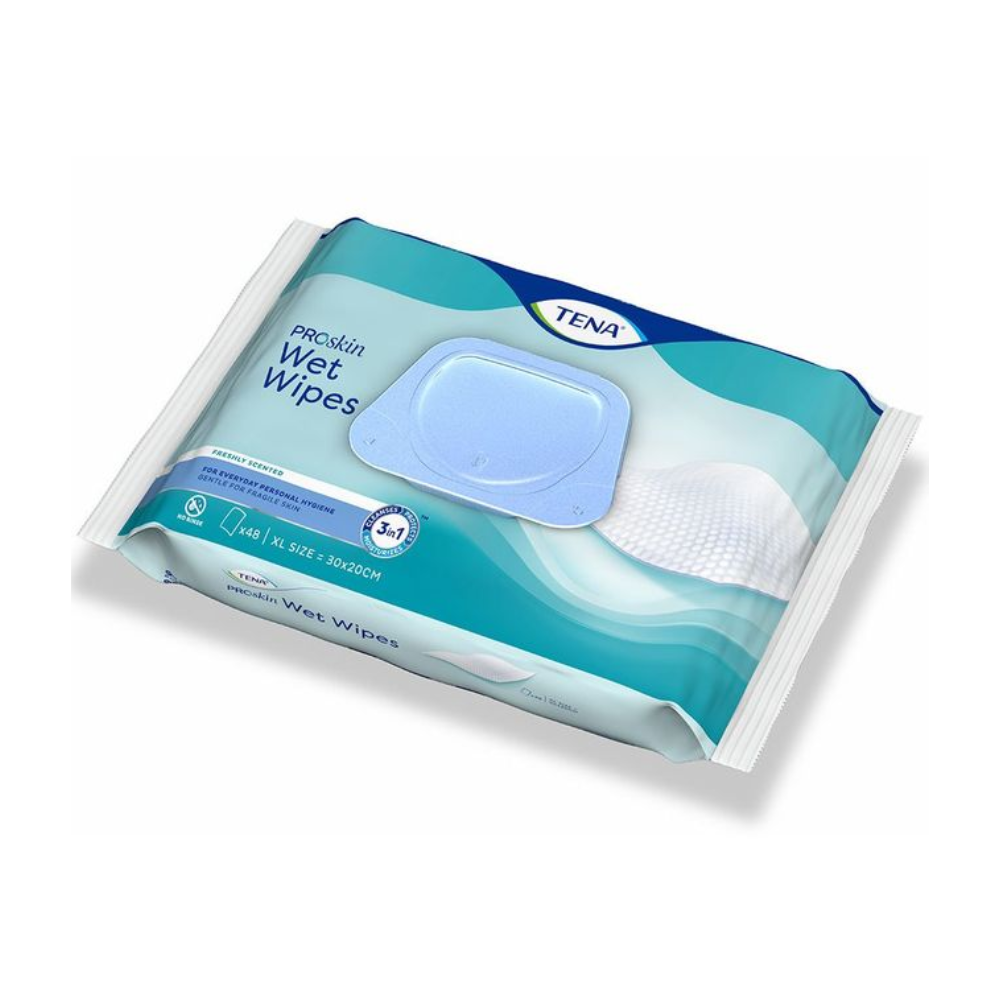 Die TENA 3-in-1 Wet Wipe Feuchttücher-Packung in blau-weißer Verpackung betont ihre 3-in-1-Hautpflegevorteile bei sanfter Anwendung. Der hellblaue, wiederverschließbare Klappdeckel sorgt für Frische und macht diese praktischen Inkontinenzprodukte der Essity Germany GmbH zu einer effektiven Wahl für eine gründliche Reinigung.