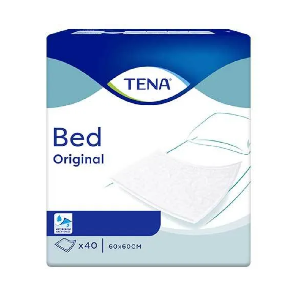 Das Bild zeigt die TENA Bed Original Bettschutzunterlagen, hergestellt von TENA - Essity Germany GmbH. Das Design ist überwiegend in Blau und Weiß gehalten und zeigt eine Grafik eines Bettschutzes. Es hebt die wasserdichte Eigenschaft hervor und gibt eine Größe von 60 x 60 cm an, die 40 Teile enthält und zur Behandlung von unfreiwilligem Harnverlust geeignet ist.