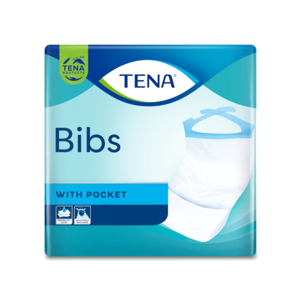 Die Verpackung für TENA Bibs Einmal-Schutzservietten, Kleidungsschutz, ist in einem stilvollen blau-grünen Design gehalten und zeigt ein weißes Lätzchen mit blauem Rand. Das auffällige TENA-Logo ist oben positioniert, während der Text die Taschenfunktion der Lätzchen betont, wodurch sie sich perfekt für den Bedarf an Kleidungsschutz und Einweg-Schutzservietten eignen.